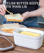 Nucookery Ceramic Butter Dish, Embossed Butter Keeper with Wood Lid for Countertop, Butter Holder and Container with Double Silicone Seal (Cross Pattern)