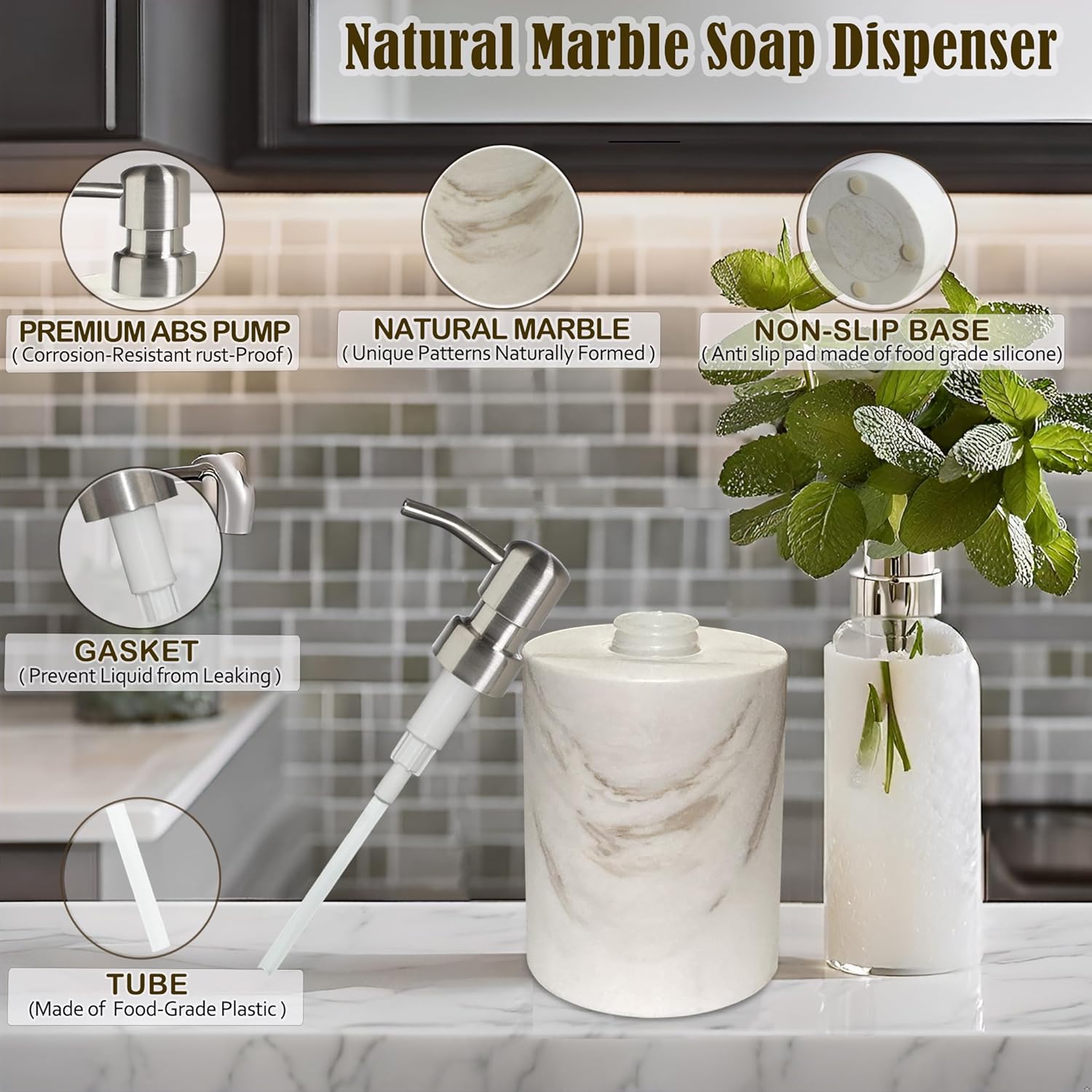 Marble Soap Dispenser, soap and Lotion Dispenser Bathroom, with Rust Proof Stainless Steel Pump Refillable for Kitchen Bathroom Countertop-Hand Lotion and Liquid Soap Dispenser-White