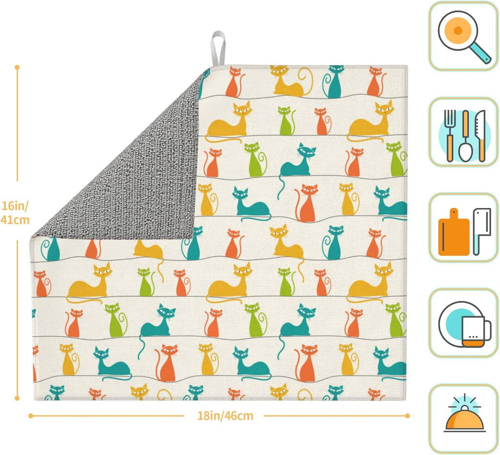 Mid Century Modern Cats Dish Drying Mat for Kitchen Counter Washable Absorbent Reversible Microfiber Cute Drying Pad Kitchen Accessories 16x18 Inch