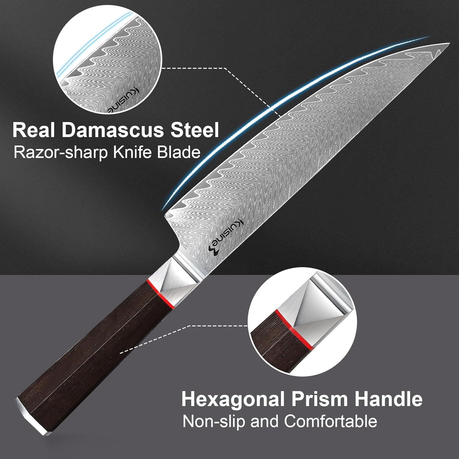 Kuisine Kitchen Knife Set,Damascus Steel Ultra Sharp, Ergonomic Non-slip Wood Handle, Chef Knife Block Set with Built-in Sharpener,Luxury Gift for Holiday(Silver, 12PCS)