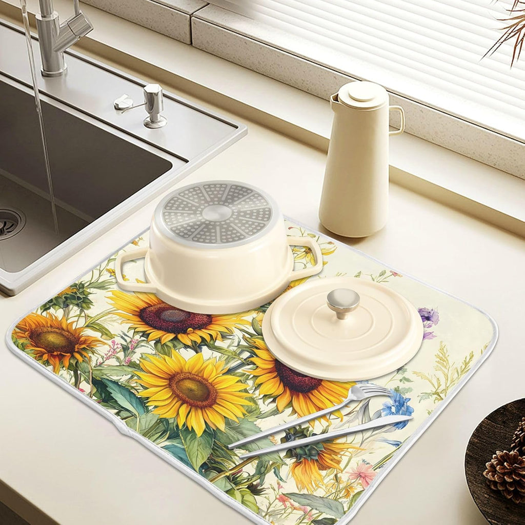Blooming Sunflowers Dish Drying Mat for Kitchen Counter Absorbent Microfiber Large Drying Pad Dish mats for Kitchen Countertops 18 x 24 Inch