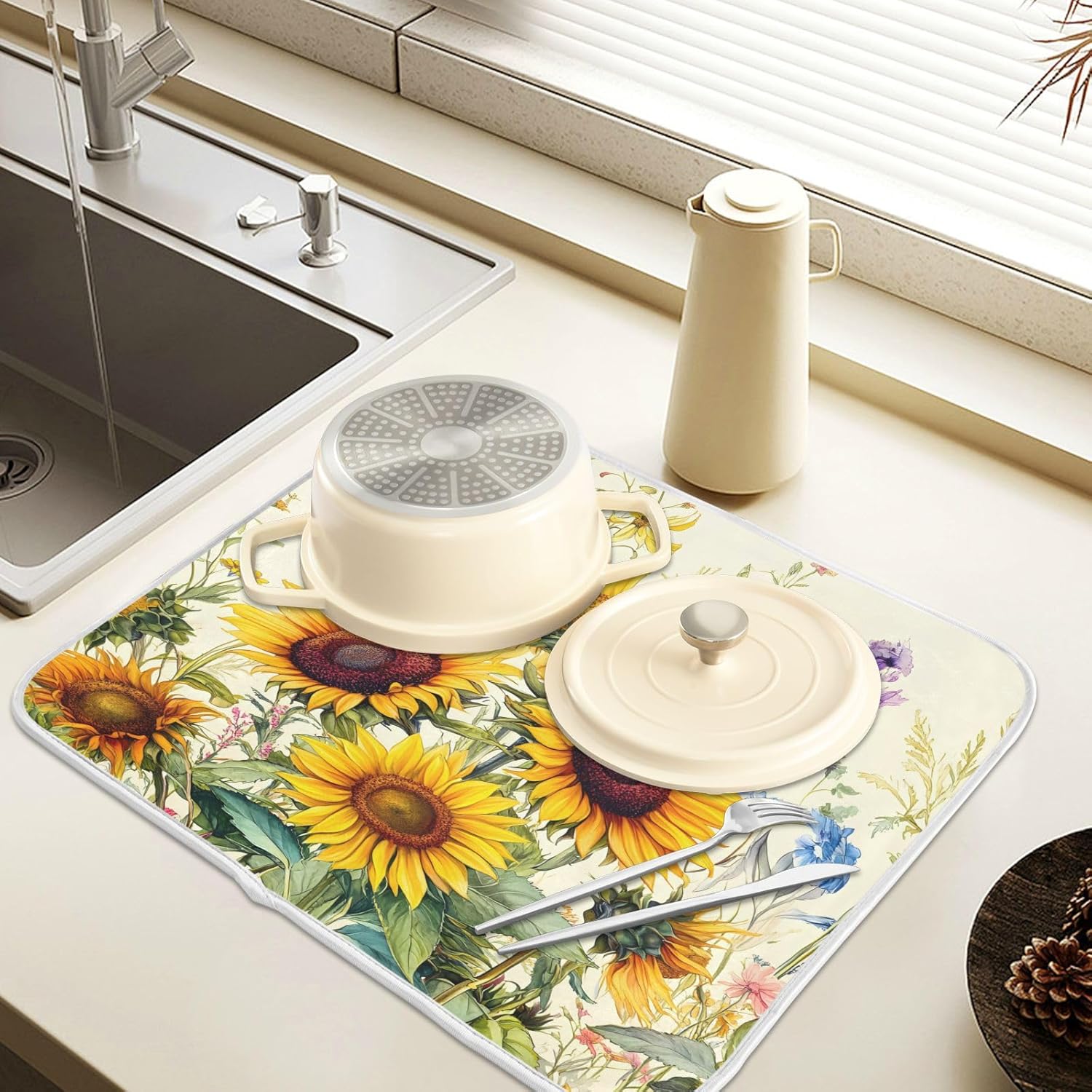 Blooming Sunflowers Dish Drying Mat for Kitchen Counter Absorbent Microfiber Large Drying Pad Dish mats for Kitchen Countertops 18 x 24 Inch