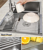 Tomorotec 17.7" x 12.5" Roll Up Dish Drying Rack Over Sink Drying Rack Sink Cover Kitchen Sink Accessories Gadget Multipurpose Organizer Foldable Stainless Steel Drainer