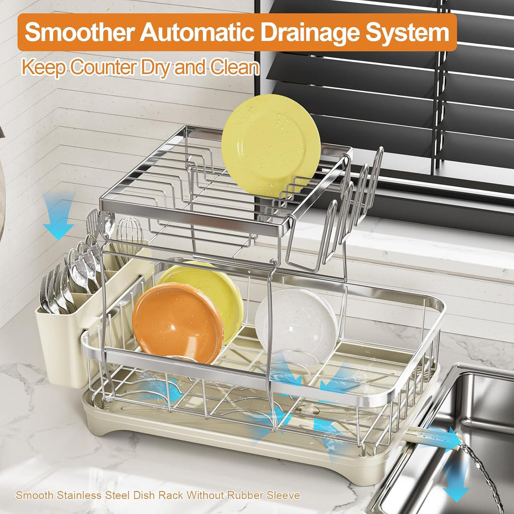 Dish Drying Rack Kitchen 2-Tier 304 Stainless Steel Dish Racks for Kitchen Counter,Dish Strainer with Adjustable Draining Tray,Drying Rack with Water Cup Hook & Cutlery Holder,Grey