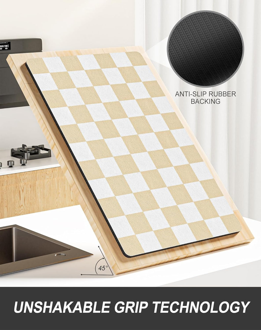 Rnivvi Dish Drying Mat for Kitchen Counter, XL 15 x 24" Cute Checkered Absorbent Draining Pad, Non-Slip Heat Resistant Coffee Bar Mat for Coffee Machine Station Accessories, Beige White Dish Rack Pad
