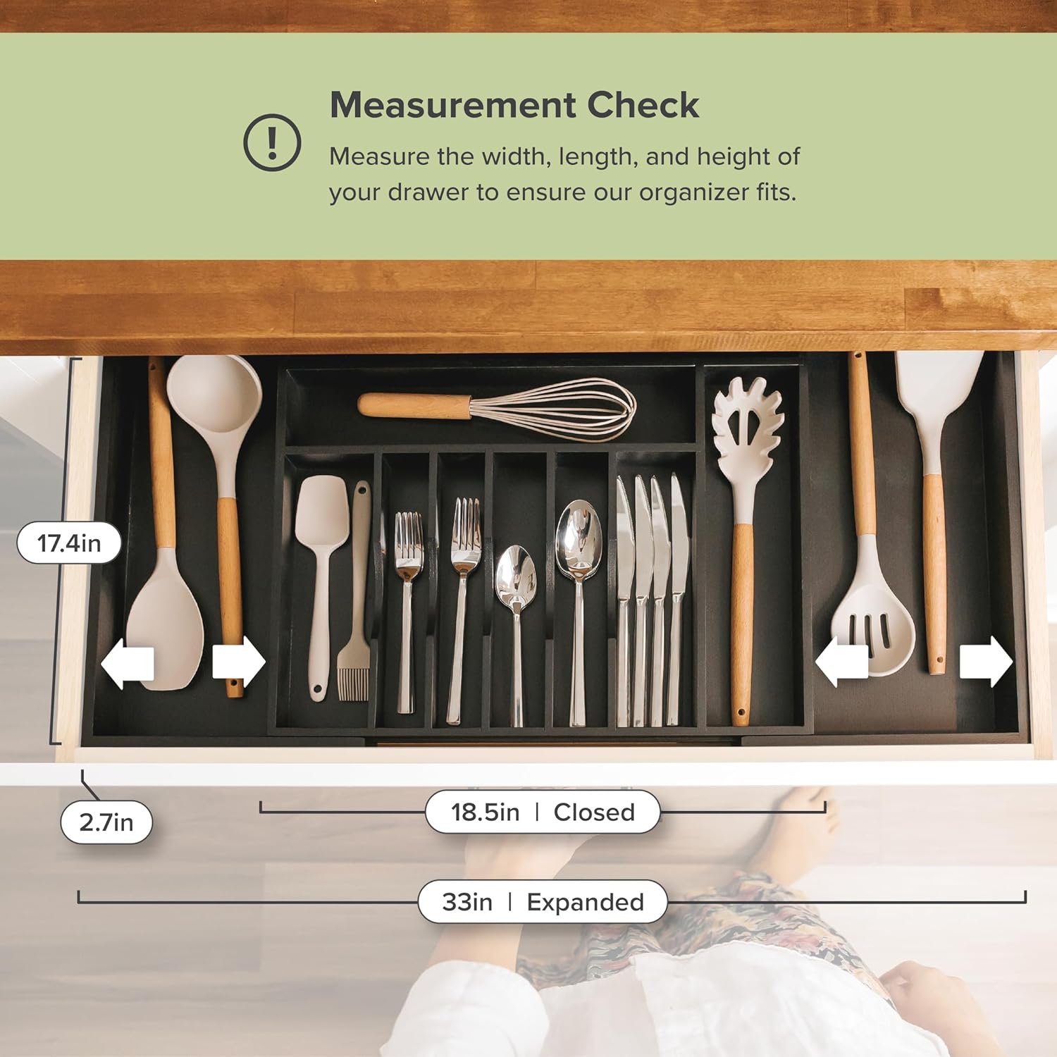 Premium Silverware, Flatware and Utensil Organizer for Kitchen Drawers, Food-Safe Contract Grade, Expandable from 18 to 33 In, Black Bamboo