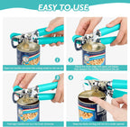 10 Colors Can Opener Manual Handheld Heavy Duty Hand Can Opener Smooth Edge Stainless Steel Can Openers Top Lid Kitchen Gadgets, Best Large Rated Easy Turn Knob, with Bottle Opener, Aqua Sky