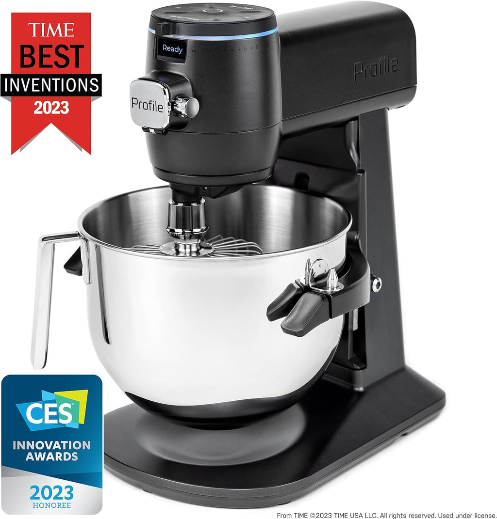 GE Profile Smart Stand Mixer, Built-In Smart Scale & Auto Sense Technology, 7qt Stainless Steel Bowl, 11 Speed, Includes Dough Hook, Beater, 11-Wire Whip, WiFi Connected, Carbon Black