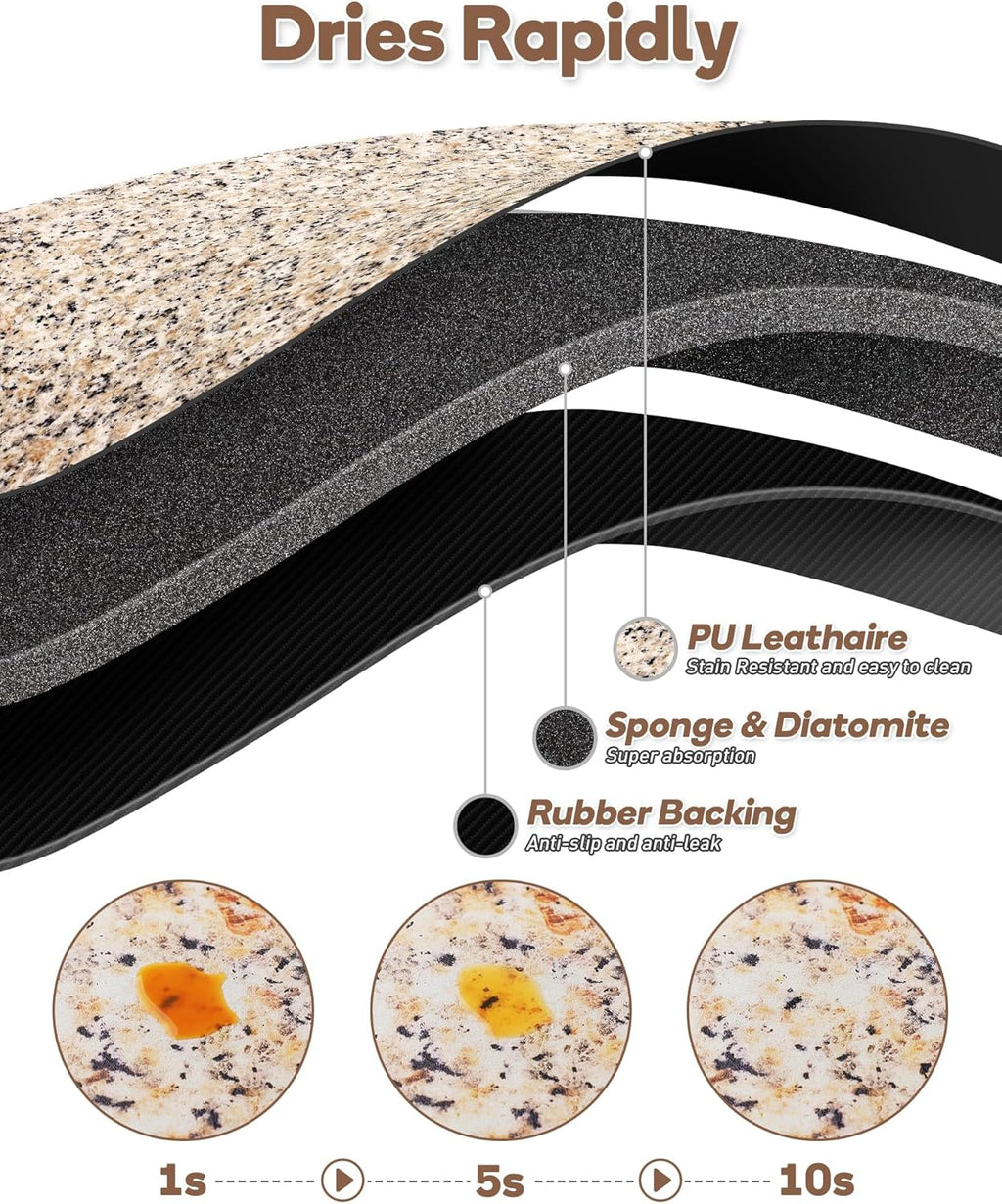 SUEH DESIGN Coffee Mat, Absorbent Dish Drying Mat 23.6 x 15.7 in Quick Dry Coffee Mat Large Drying Mats for Kitchen Counter Coffee Bar, Granite Brown