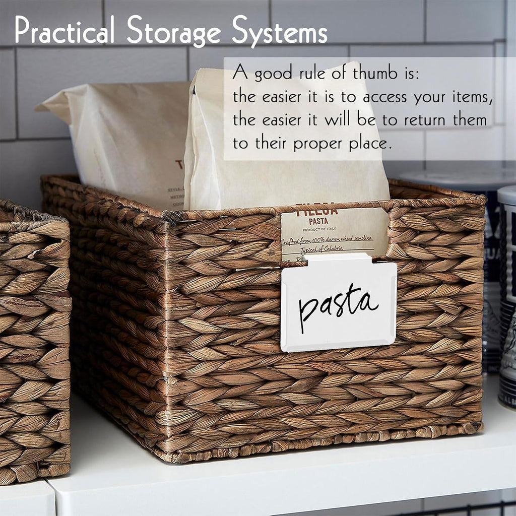 Basket Labels Clip on | Label Holders for Basket or Storage Bins Includes White Chalk Markers (8 White Holders + 2 Black Chalk Makers)