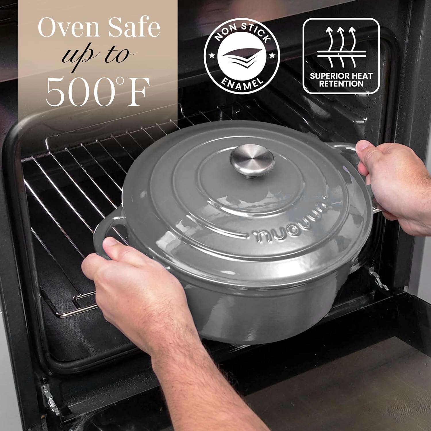 Nuovva Enamelled Cast Iron Dutch Oven Pot with Lid – 6.4 Quart Non Stick Casserole Pot – Heavy Duty & Oven Safe up to 500° F for Bread Baking, Braising, Stews, Roasting – 28cm Grey