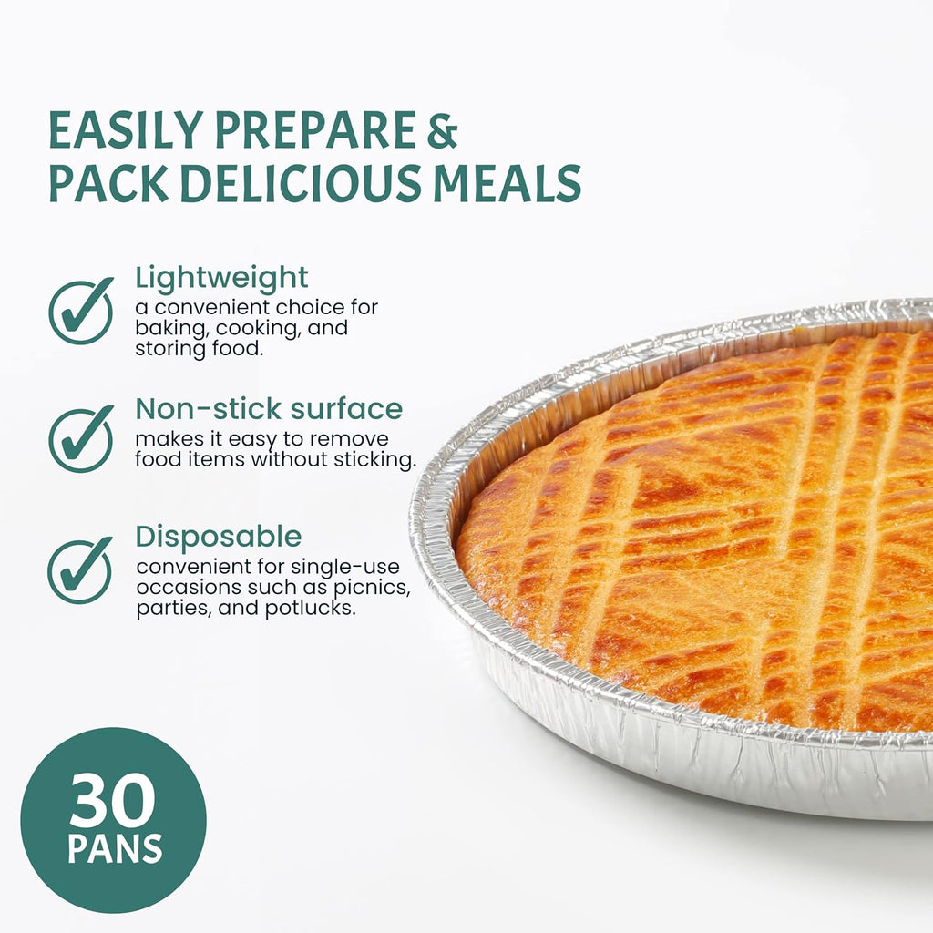 FUNSTITUTION Round Aluminum Pans with Lids (30 Pack) - 9 Inch Disposable Pie Pans - Round Aluminum Foil Pans For Baking, Grilling, Cooking, Storing, Prepping - Pie Tins with Lids