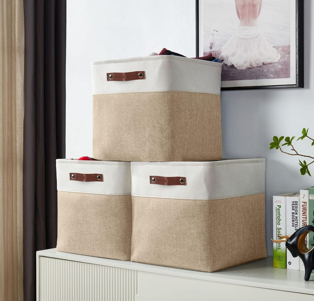 DECOMOMO Storage Cubes, 11x11 Cube Storage Bins, Baskets for Shelves (Beige & White, Cube 11" - 4 Pack)