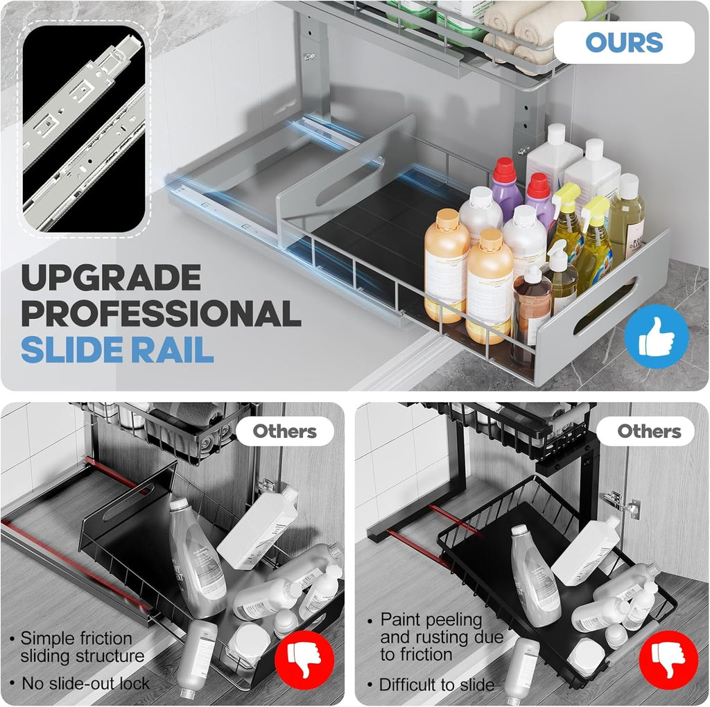 1 Pack Under Sink Organizer Upgrade to Professional Rails,2-Tier Dual Pull Out Cabinet Storage,Height Adjustable Slide Out Drawers for Bathroom Kitchen,Under Sink Shelf-Gun Gray