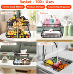 2 Tier Countertop Fruit Basket with 2 Protective Mats for Kitchen, Detachable Metal Organizer for Bread Vegetable Fruits with Wooden Handle, Large Capacity Rectangular Storage Stand Bowls, Black