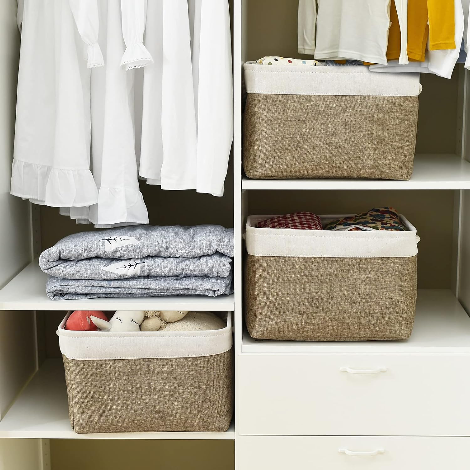 TheWarmHome Organization and Storage Basket for Gifts Empty - 16x12x12 inch Cube Storage bin 3 Pack Fabric Storage Cubes, Collapsible Baskets for Organizer Closet Cloth Gift Toy (White & Khaki)