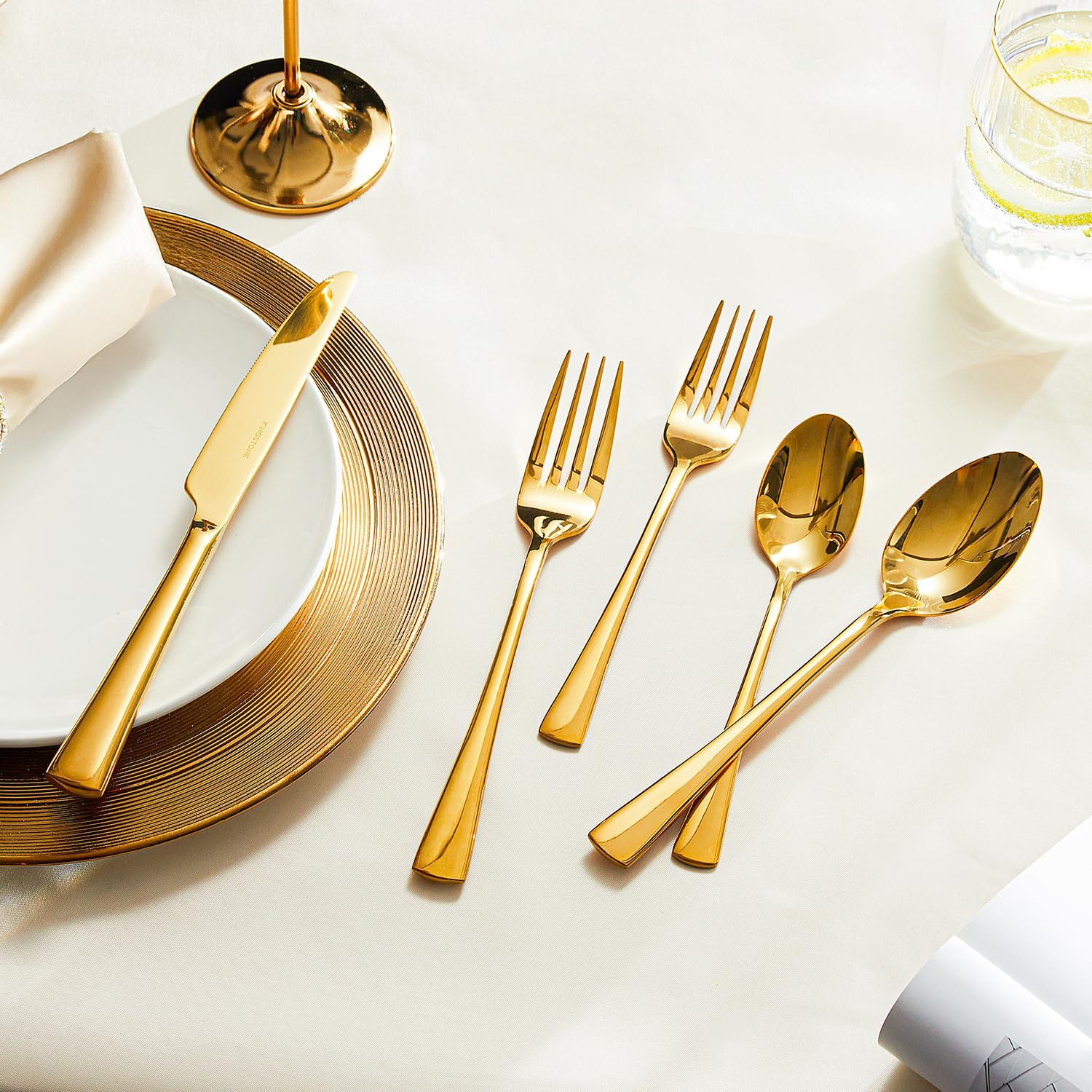 KINGSTONE 18/10 Stainless Steel Flatware, 20-Piece Forged Silverware Set for 4, Mirror Polished Cutlery Set Dishwaher Safe for Home, Restaurant, Wedding, Party, Gold