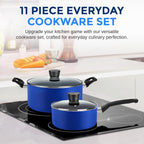 SereneLife Kitchenware Pots & Pans Basic Kitchen Cookware, Black Non-Stick Coating Inside, Heat Resistang Lacquer (11 Piece set), One Size, Blue