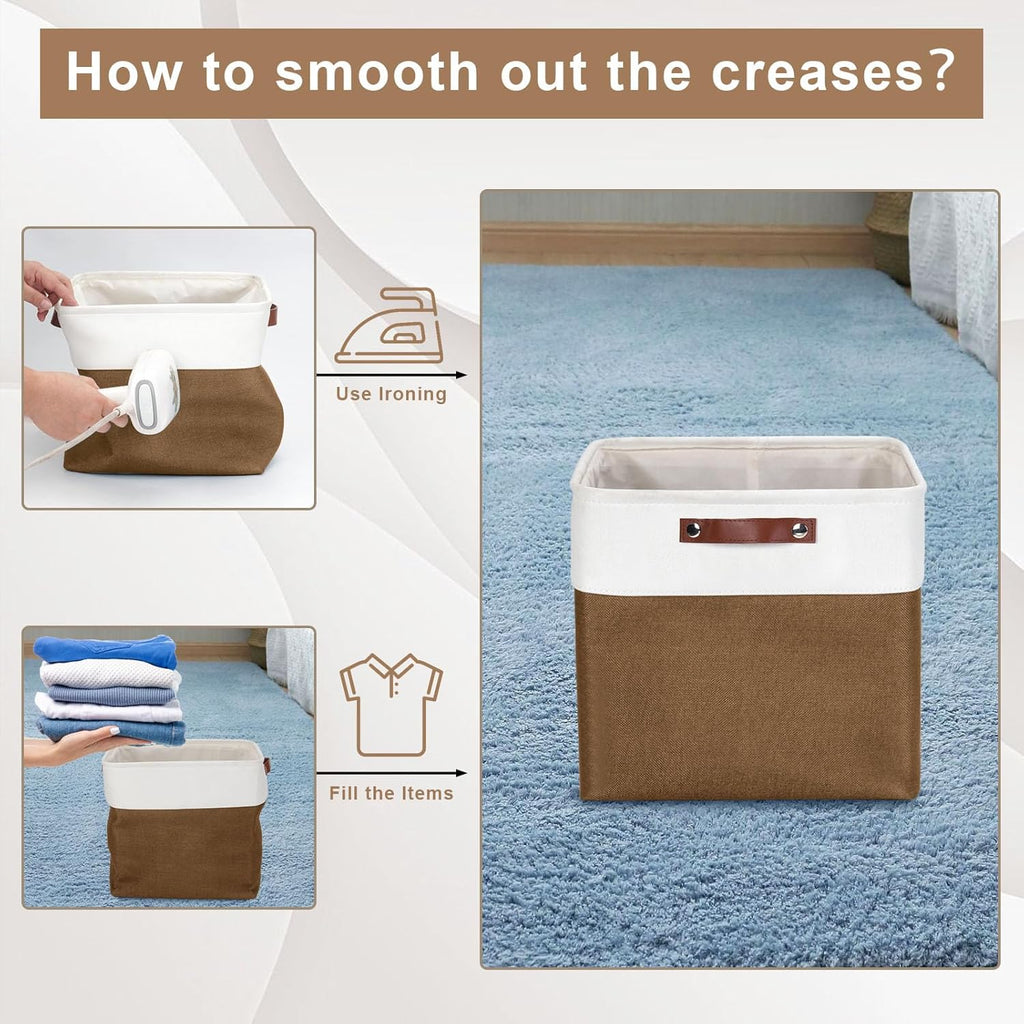 13x13 Cube Storage Bins, Collapsible Fabric Storage Box, 4 Pack Closet Baskets with Handles for Organizing, Shelf, Toys, Clothes, Home, Office, Nursery (Brown&White)