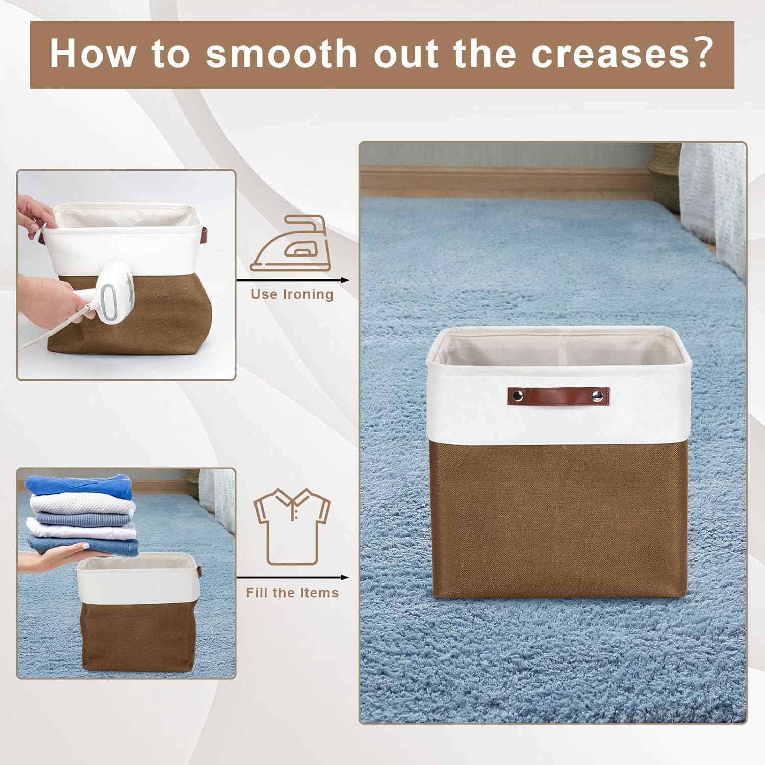 13x13 Cube Storage Bins, Collapsible Fabric Storage Box, 4 Pack Closet Baskets with Handles for Organizing, Shelf, Toys, Clothes, Home, Office, Nursery (Brown&White)