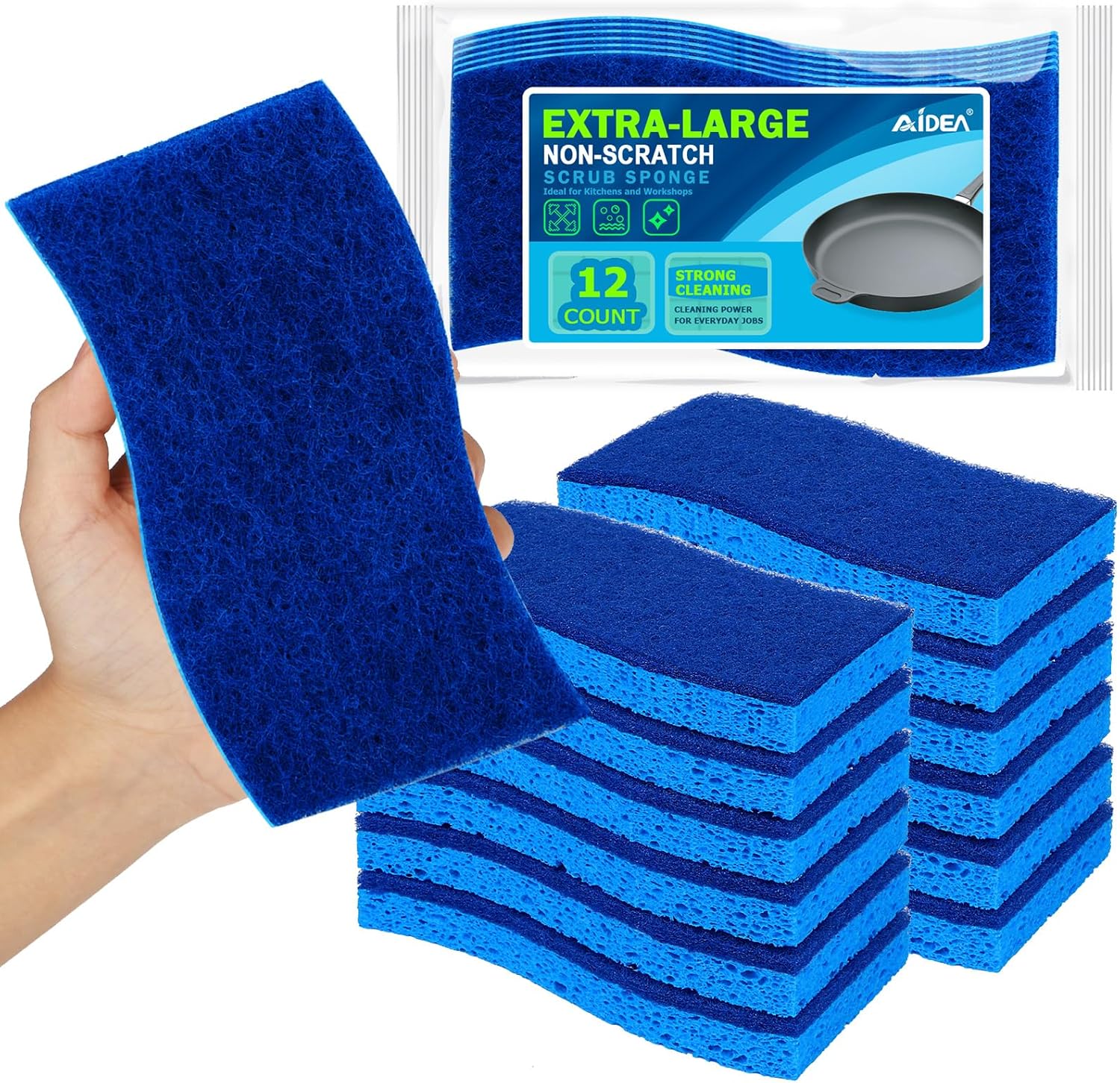 AIDEA XL Scrub Sponges Non-Scratch 12Count, Extra Large Sponges Kitchen, Sponge for Dishes, Cleans Fast Without Scratching Safe for Non-Stick Cookware, Cleaning Power for Kitchen, House