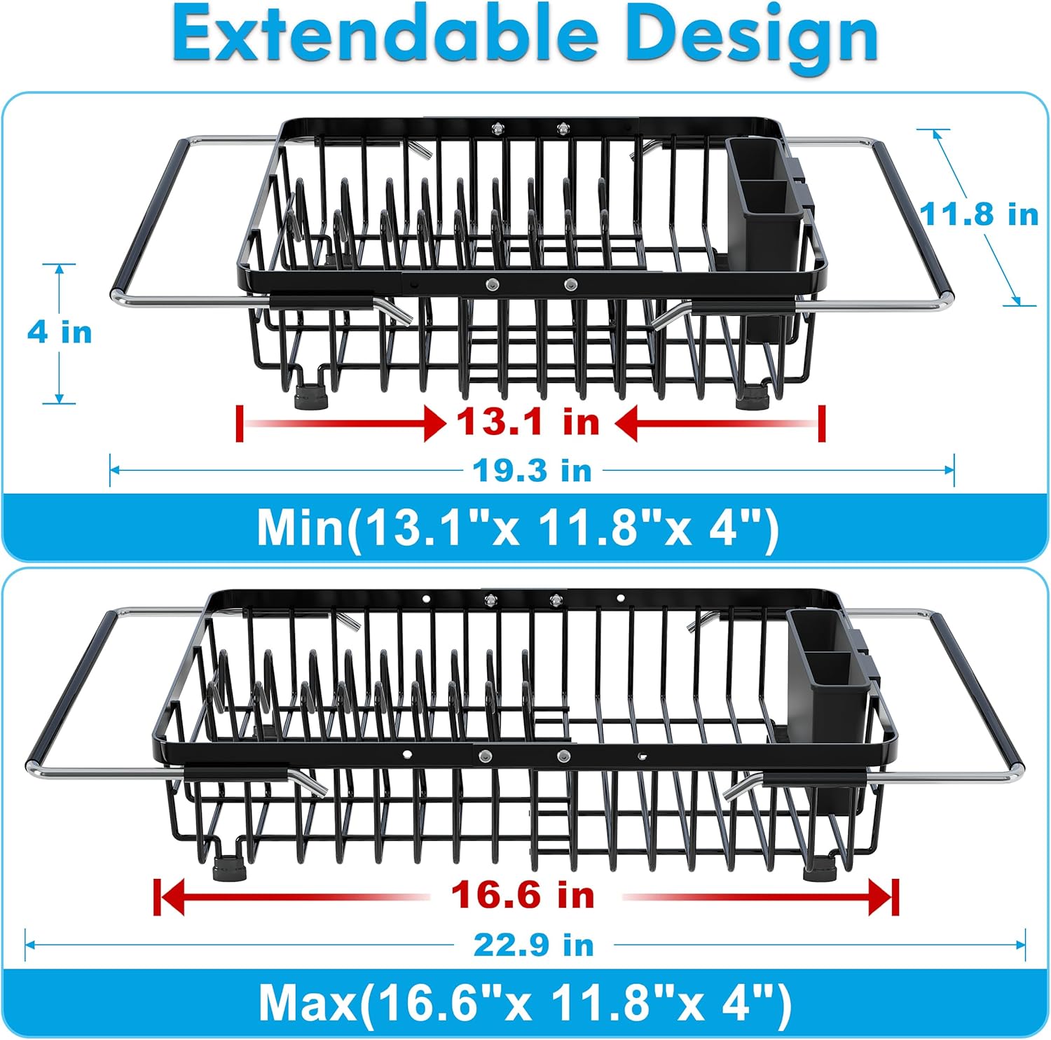 JASIWAY in Sink Dish Drying Rack, Expandable Stainless Steel Dish Drainers for Kitchen Sink, Over Sink Dish Drying Rack with Utensil Holder, 13.1''~16.6''D x 11.8''W, Black