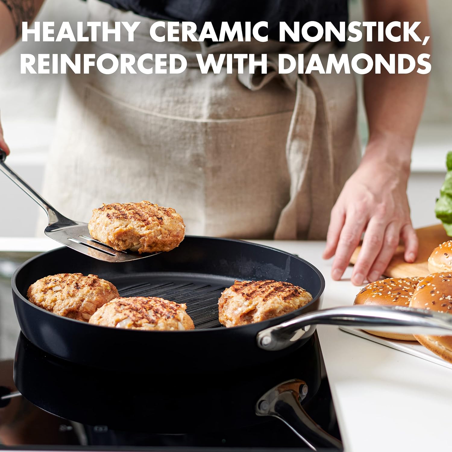 GreenPan Chatham Black Prime Midnight Hard Anodized Healthy Ceramic Nonstick, 11" Grill Pan, PFAS-Free, Dishwasher Safe, Oven Safe, Black