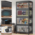 120QT Large Stackable Storage Bins with Lids, Plastic Closet Organizer and Storage Drawer, Collapsible Storage Box with Wheels, Folding Storage Cabinet with Doors for Home Kitchen, 1Pack Black