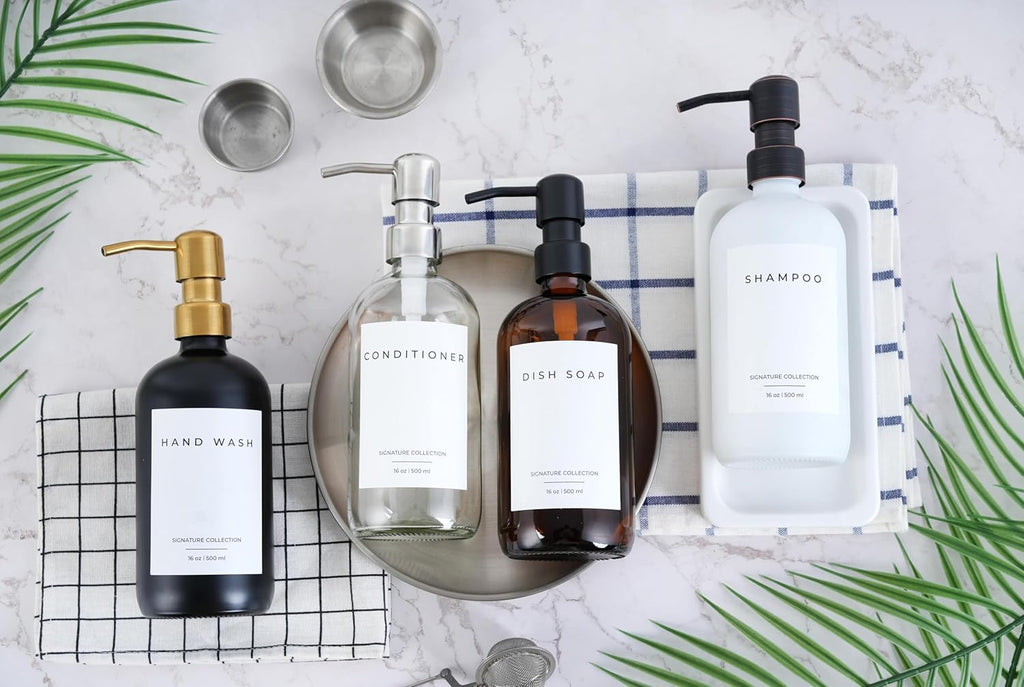 Emerson Essentials Soap Dispenser Set, Dish Soap for Kitchen, Bathroom Set - Hands and Dishes for Home, Farmhouse, Glass Soap Dispenser with Pump and Labels | 16 Oz, 2 Pack