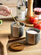 Salt and Pepper Bowl Ceramic, 10 Oz Salt Containers for Countertop Salt Cellar with Wooden Lid and Spoons, Salt and Pepper Set Marble Design, Gray
