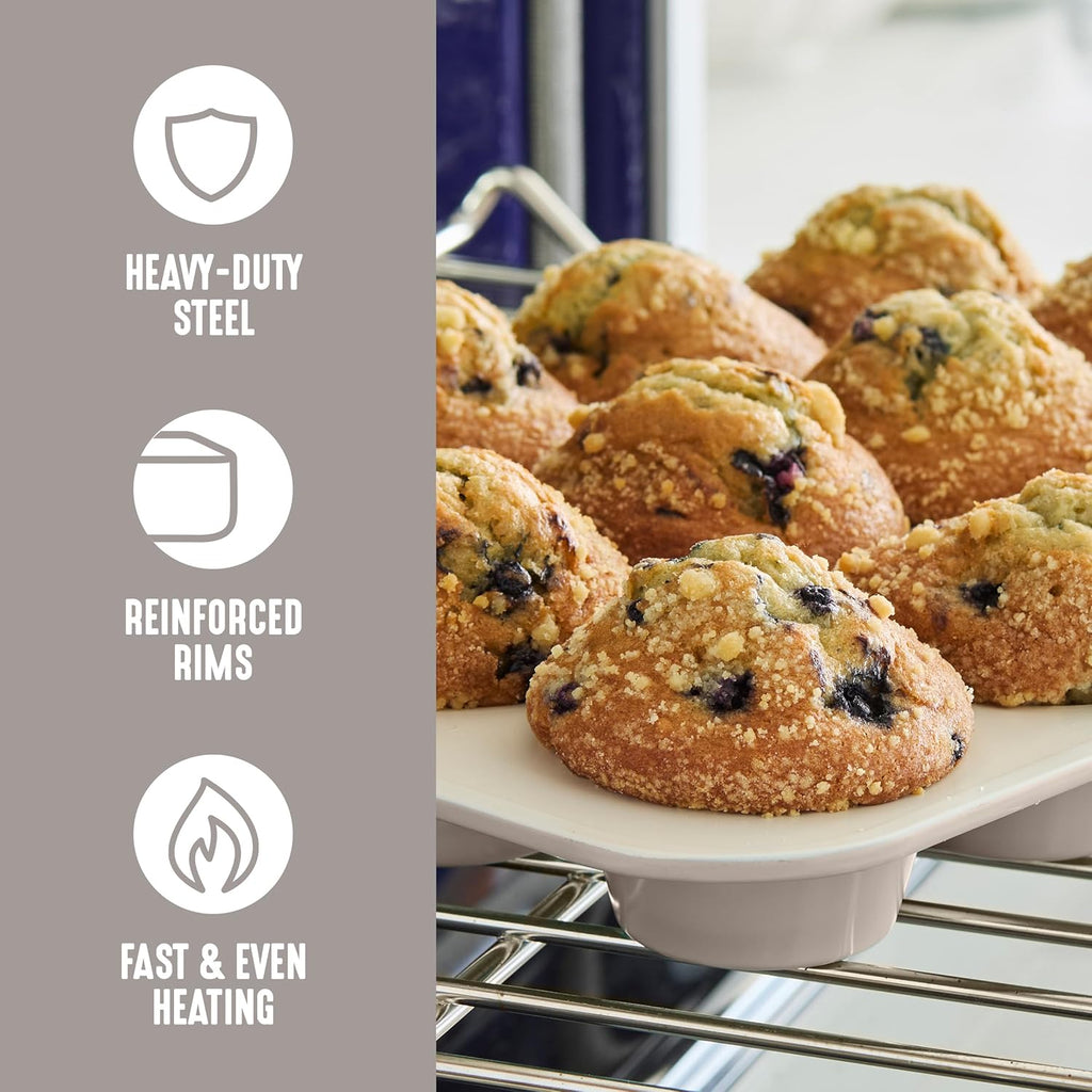 GreenLife 12-Cup Muffin Pan, Healthy Ceramic Nonstick Bakeware, PFOA & PFAS-Free Cupcake Tray, Durable Baking Pan, Versatile Kitchen Essential, Easy Clean Muffin Mold, Nonstick Baking Sheet, Taupe