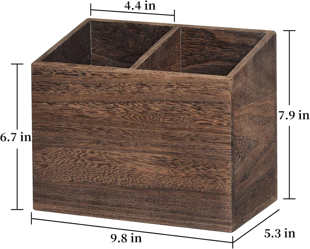 Wooden Kitchen Utensil Caddy With 2 Compartments, Rustic Utensil Holder for Kitchen Countertop, Wood Utensil Crock Organizer Box for Farmhouse Kitchen Decor (brown)