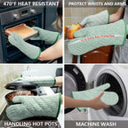 1 Pair Yarn Dyed Oven Mitts 100% Cotton Heat Resistant 470 Degree Gloves Men Women Cooking Baking Barbecue BBQ Microwave Crafting Machine Washable Pot Holders Mittens (Green)