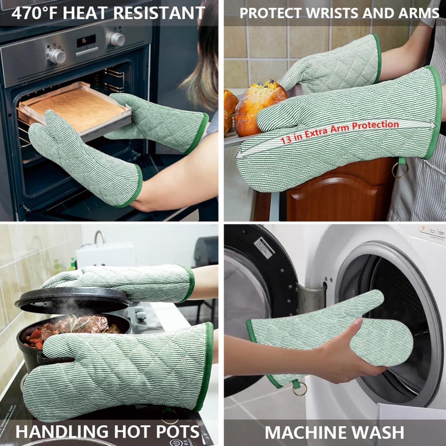 1 Pair Yarn Dyed Oven Mitts 100% Cotton Heat Resistant 470 Degree Gloves Men Women Cooking Baking Barbecue BBQ Microwave Crafting Machine Washable Pot Holders Mittens (Green)