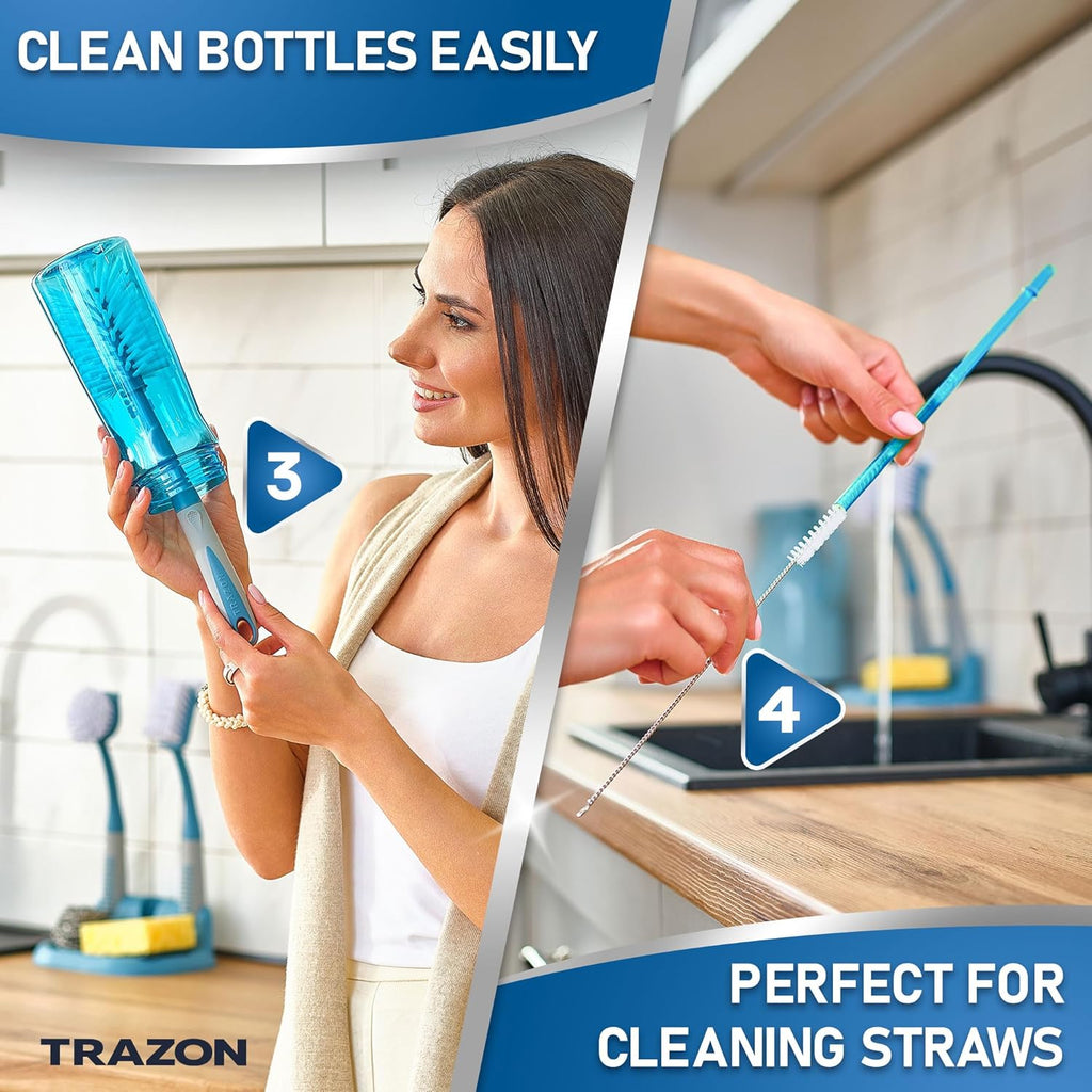 Dish Brush Set of 5 with Convenient Holder, Bottle Water Brush, Dish Scrub Brush, Scrubber Brush and Straw Brush - Kitchen Scrub Brushes Non Slip Long Handle for Sink Dishes Cup Pot