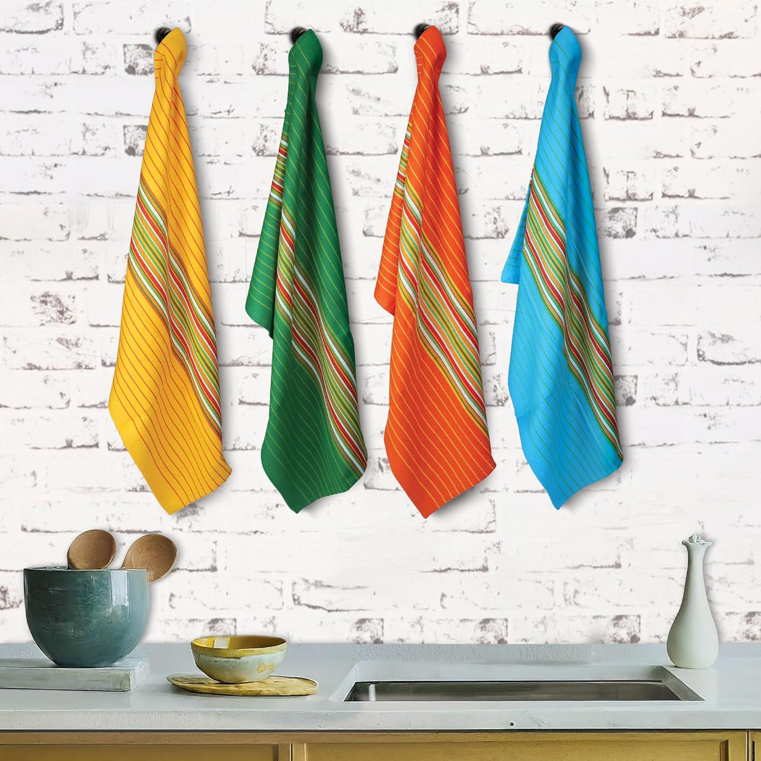 Urban Villa Salsa Stripe Kitchen Towels 100% Cotton Dish Towels for Kitchen Multi Color Highly Absorbent Multi-Purpose Waffle Dish Cloths for Cleaning Soft Hand Bar Towels 20x30 Inches (Set of 4)