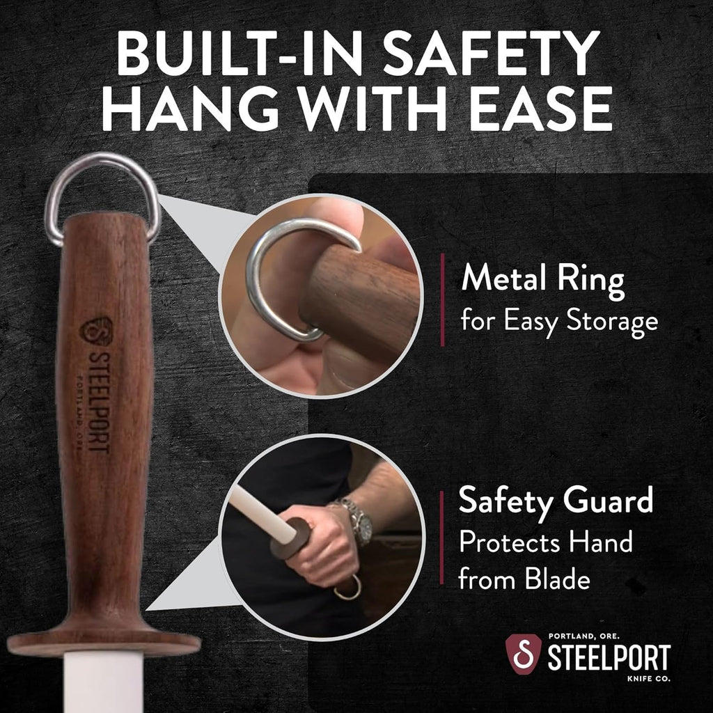 STEELPORT 12 inch Oval Ceramic Honing Rod | Professional Knife Sharpener Rod with Oregon Black Walnut Handle, Safety Guard | Premium Serrated Blade Sharpener For All Knife Types