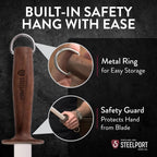 STEELPORT 12 inch Oval Ceramic Honing Rod | Professional Knife Sharpener Rod with Oregon Black Walnut Handle, Safety Guard | Premium Serrated Blade Sharpener For All Knife Types