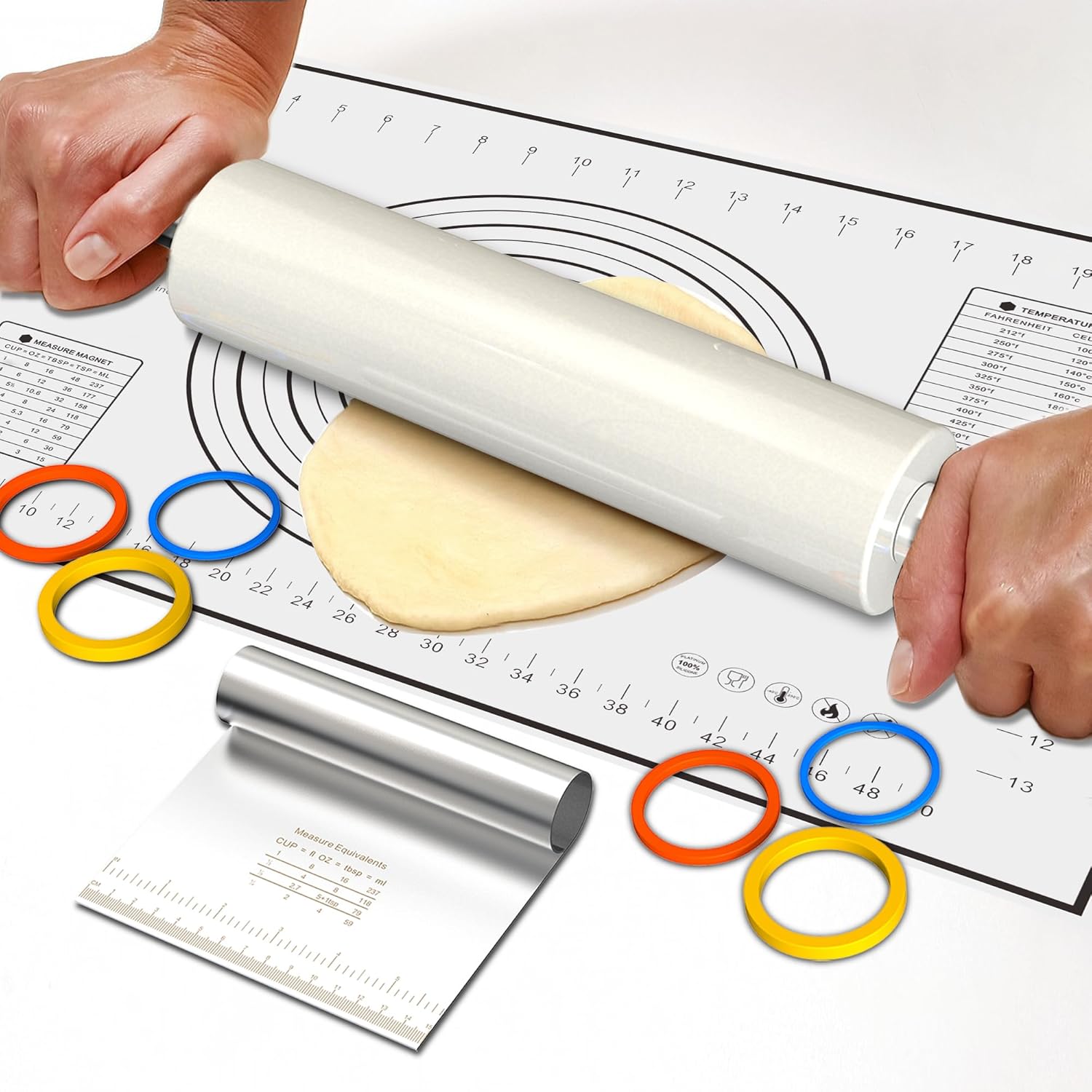 Marble Rolling Pin with Pastry Baking Mat and Stainless Steel Dough Cutter, 18.5” (Includes handle) Rolling Pin for Baking Cookie Crust Crisp Pizza with 3 Thickness Rings and Wood Stand