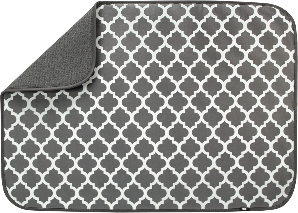 S&T INC. Dish Drying Mat XL, 18” x 24”, Absorbent Microfiber Kitchen Counter Mat, Dish Drying Pad for Dishes, Utensils, Pots and Pans, Extra Large, Pewter Grey Trellis