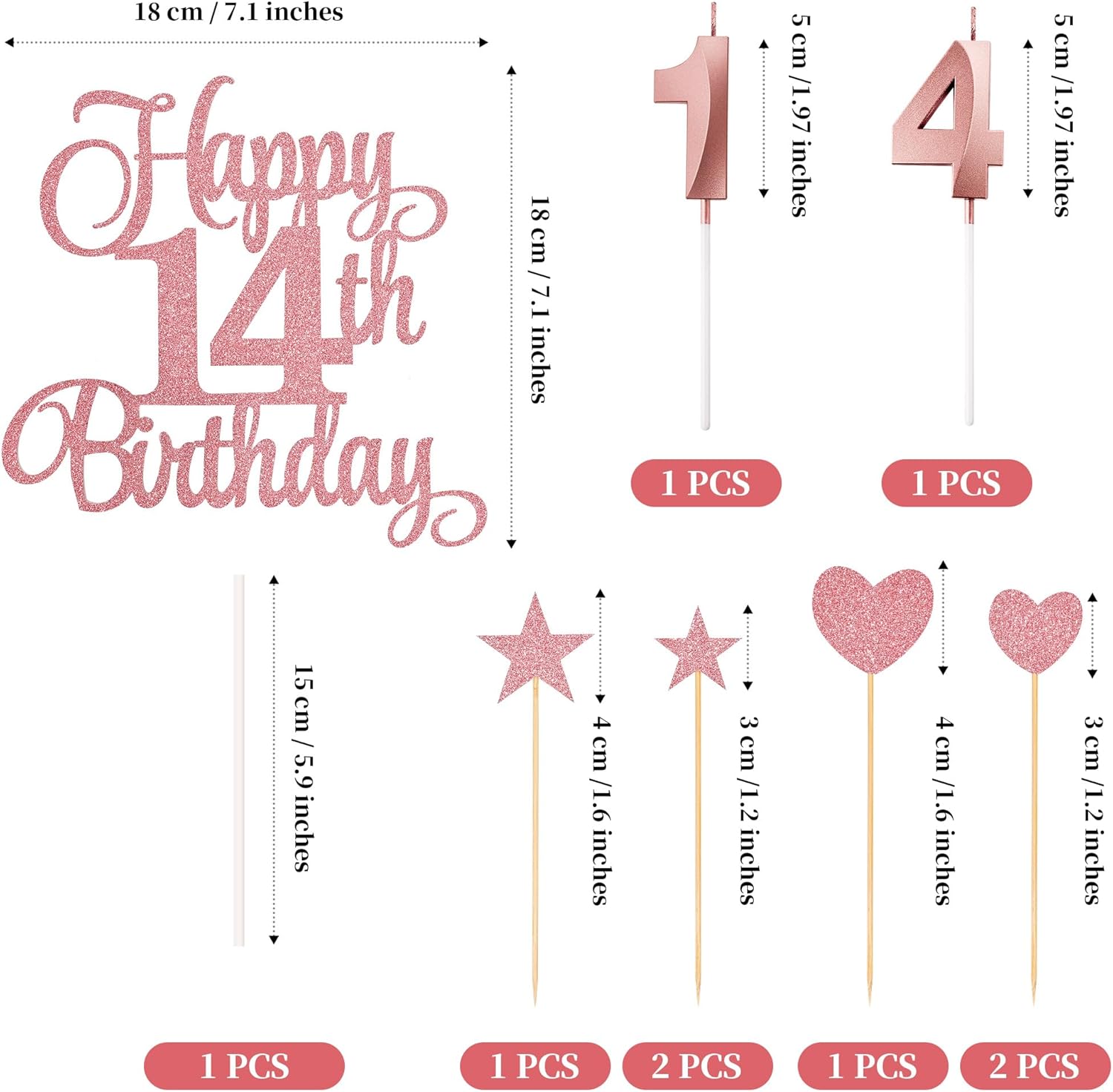 14th Birthday Cake Decorations, 14th Birthday Candles Cake Numeral Candles and Glitter Happy 14th Birthday Cake Toppers Set for Birthday Party Supplies (Rose Gold)
