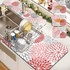 Findosom 2PCS 16" x 24" Dish Drying Mat & 24" x 5.5" Sink Splash Guard, Super Absorbent & Cuttable Dish Mat Drying Kitchen Mat with Red Floral, Hide Stain Drying Mat for Kitchen Counter