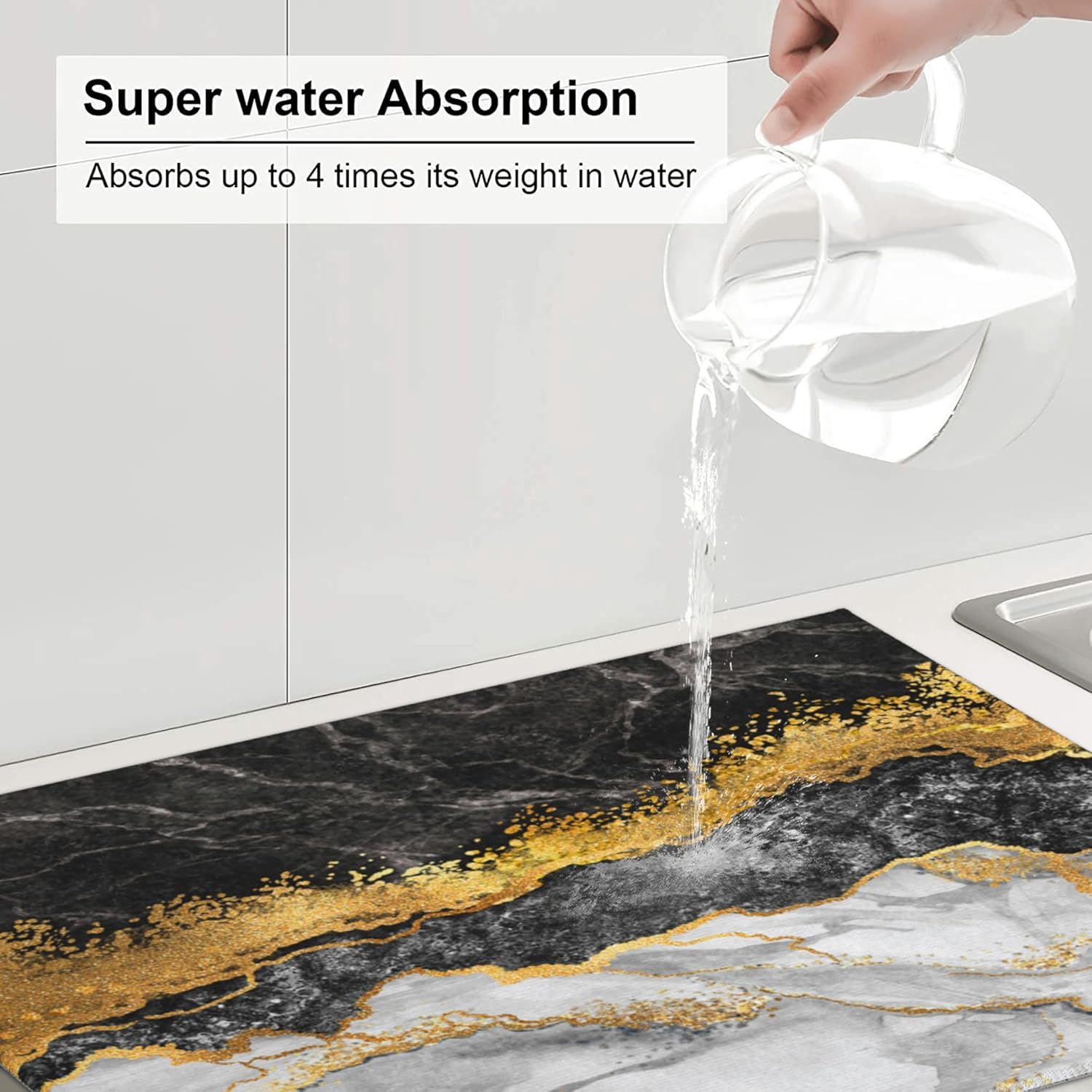 Gold and Black Grey Kitchen Drying Mat Black Gold Marble Decor Microfiber Dish Drainer Mat for Kitchen Counter Absorbent Reusable Washable 18x24 Inch