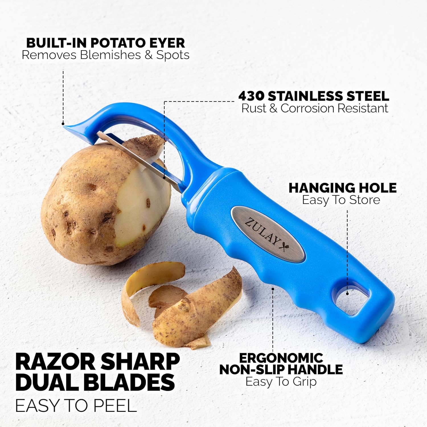 Zulay Kitchen Premium Vegetable Peeler for Kitchen - Swivel Peeler with Razor Sharp Stainless Steel Blades & Strong Ergonomic Handle - Dishwasher Safe, Easy To Use with Blemish Remover - Blue