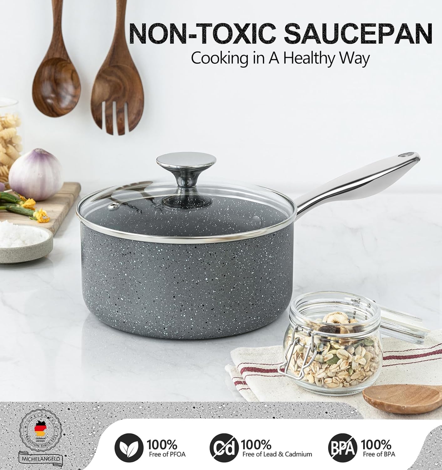 MICHELANGELO Sauce Pans with Lids, Granite Saucepan Set of 3, 1.5Qt & 2Qt & 3Qt Nonstick Small Pots with Non-Toxic Coating, All Cooktops Compatible