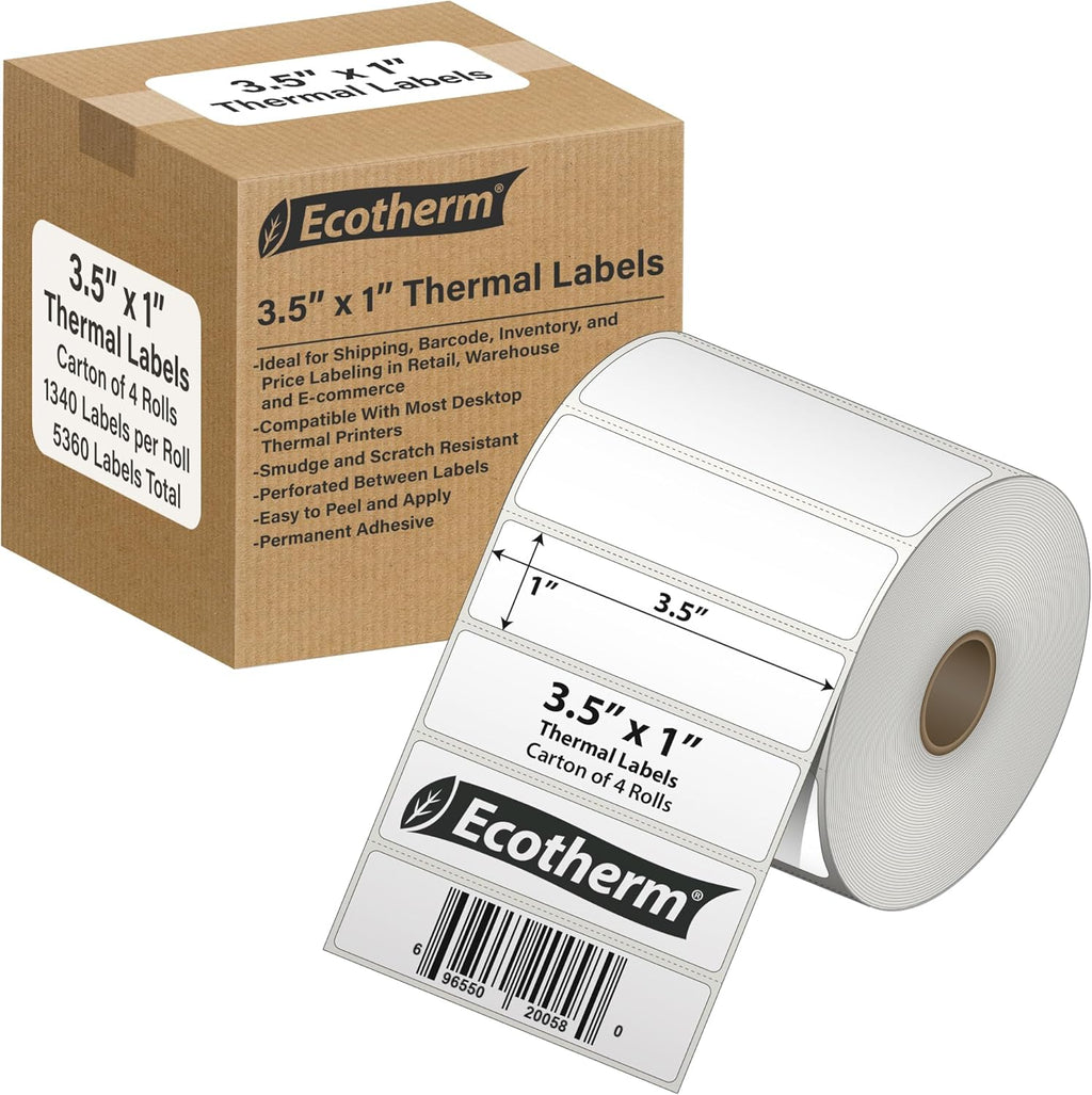 3.5" x 1" Thermal Labels | 4 Rolls | 5360 Labels | fits Zebra, Munbyn, Rollo, Godex, Arkscan, iDPRT, Offnova Thermal Label Printers and More | Blank White Adhesive Stickers by Ecotherm