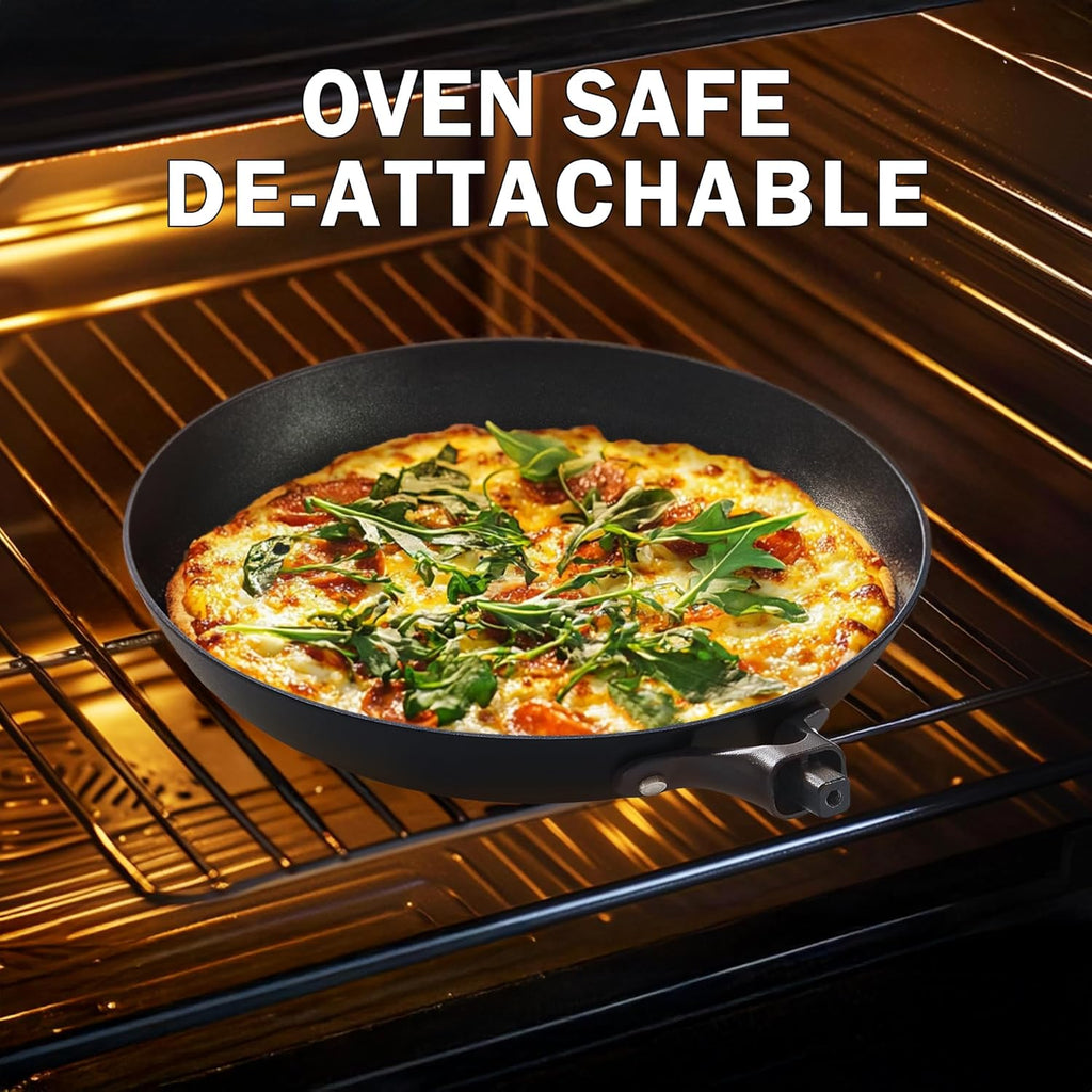 DM Cast Iron Skillet, 2 Piece Nonstick Frying Pan Set, 10 and 12 Inch with Detachable Acacia Wooden Handle, Honeycomb Non stick Omelet Egg Pan, Easy Clean Oven Safe Pans for Cooking