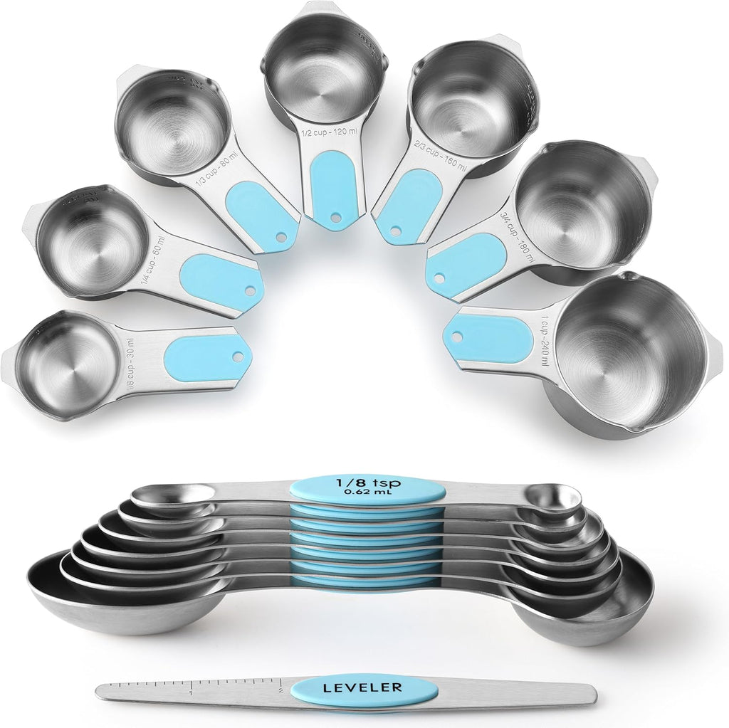 Spring Chef Magnetic Measuring Cups & Spoons Set (Patent Pending), Strong Magnets, Heavy Duty Stainless Steel Fits in Spice Jars for Baking & Cooking, BPA Free, Round Set of 15 with Leveler, Aqua Sky