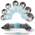 Spring Chef Magnetic Measuring Cups & Spoons Set (Patent Pending), Strong Magnets, Heavy Duty Stainless Steel Fits in Spice Jars for Baking & Cooking, BPA Free, Round Set of 15 with Leveler, Aqua Sky