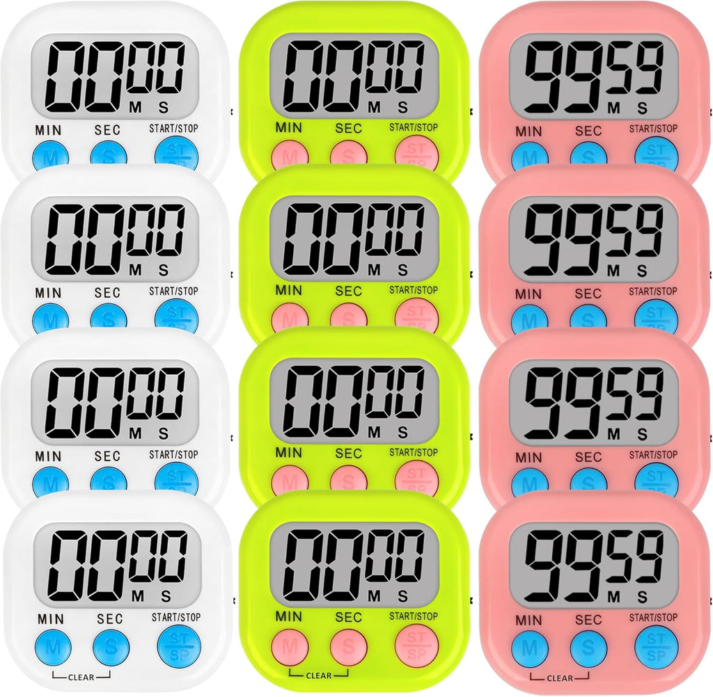 ZILLEEN 12 Pack Kitchen Timers for Cooking Digital Classroom Timers for Kids Teachers White Green Pink